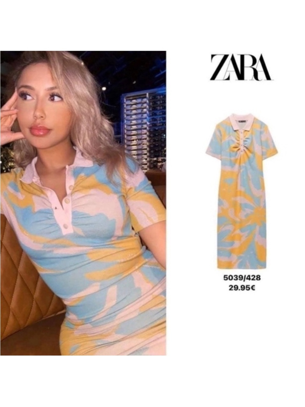 ZARA Pastel Blue, Yellow and Pink Polo Midi Dress